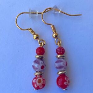 Glass Flower Millefiori Beads Red & Purple Dangle/Drop Boho Handmade Earrings